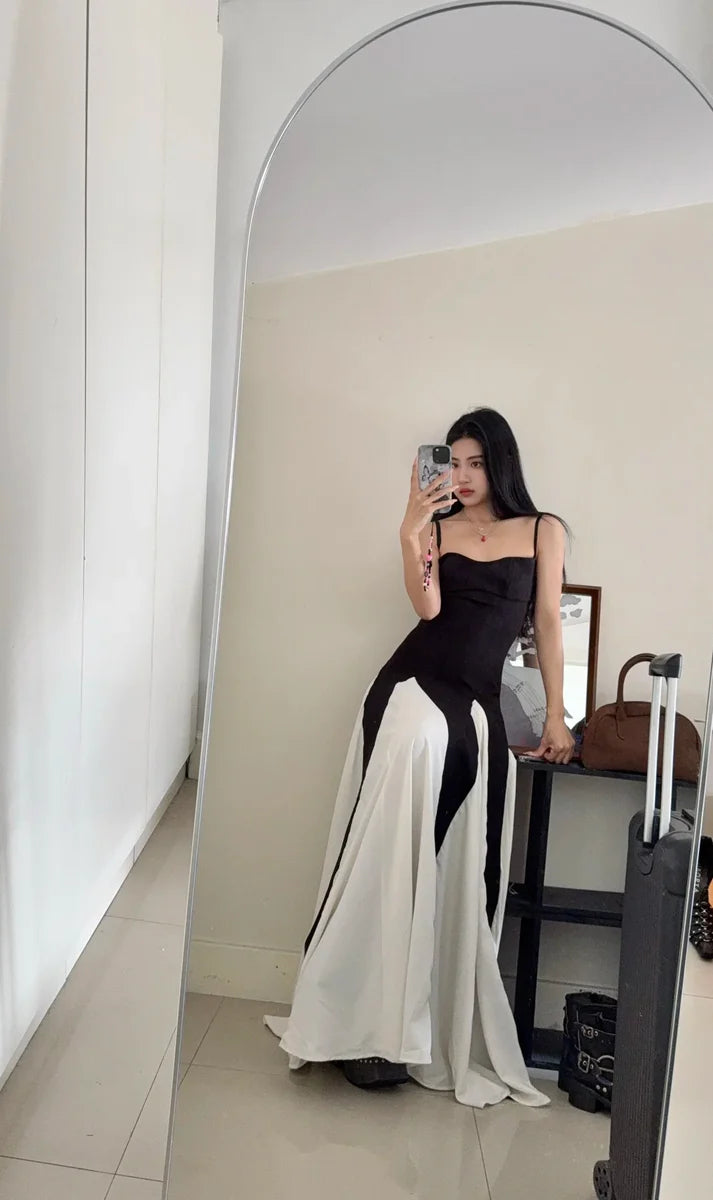 Chic A Line Spaghetti Straps Chiffon White Black Long Evening Dress Prom Dress