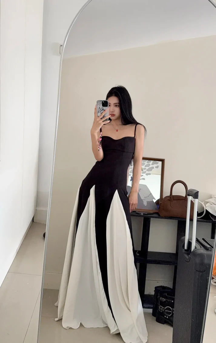 Chic A Line Spaghetti Straps Chiffon White Black Long Evening Dress Prom Dress