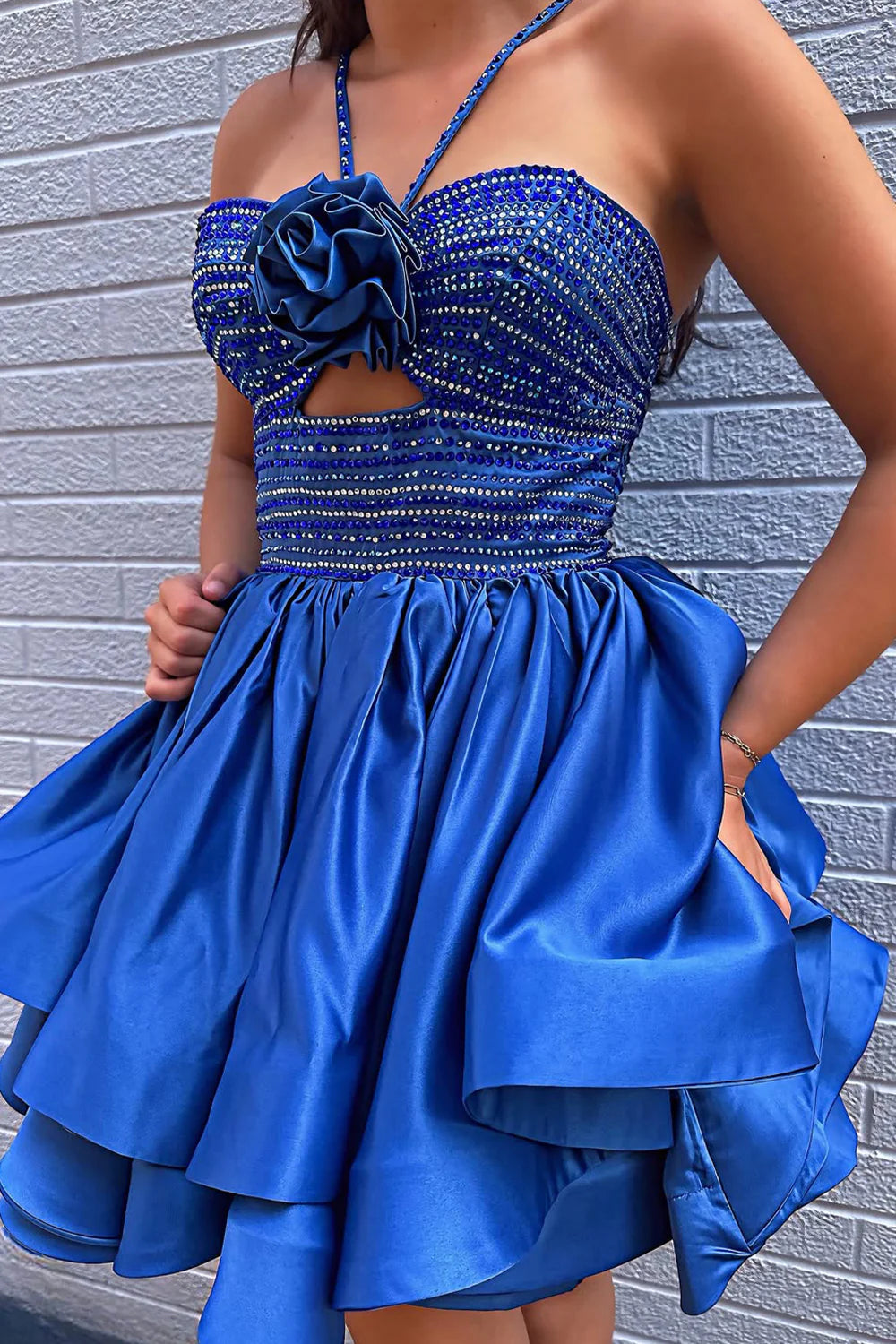 Chic A Line Spaghetti Straps Keyhole Royal Blue Short Homecoming Dress With Beaded