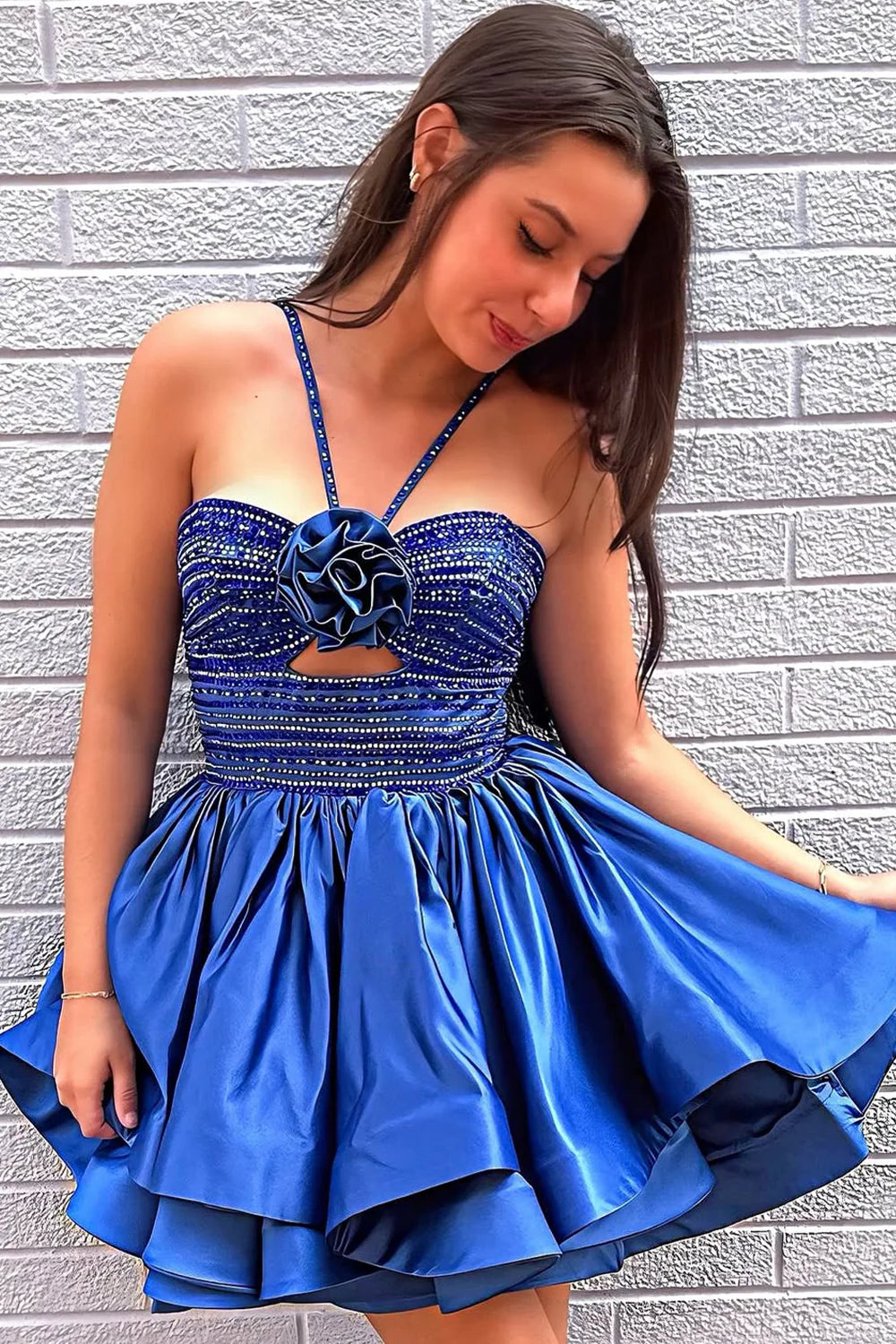 Chic A Line Spaghetti Straps Keyhole Royal Blue Short Homecoming Dress With Beaded
