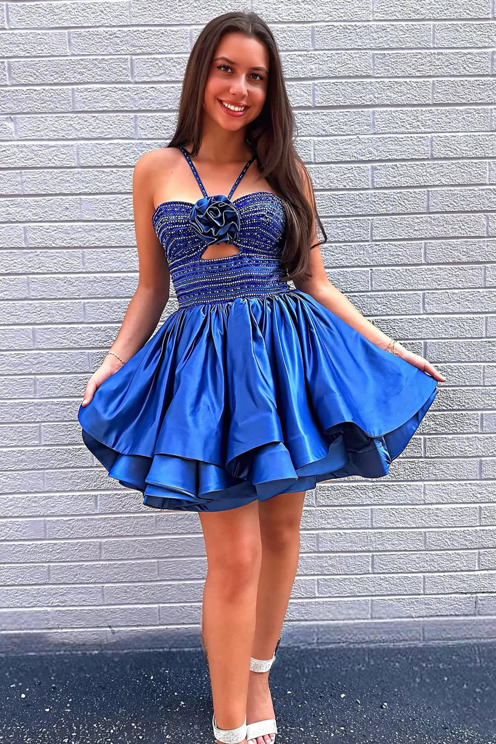 Chic A Line Spaghetti Straps Keyhole Royal Blue Short Homecoming Dress With Beaded