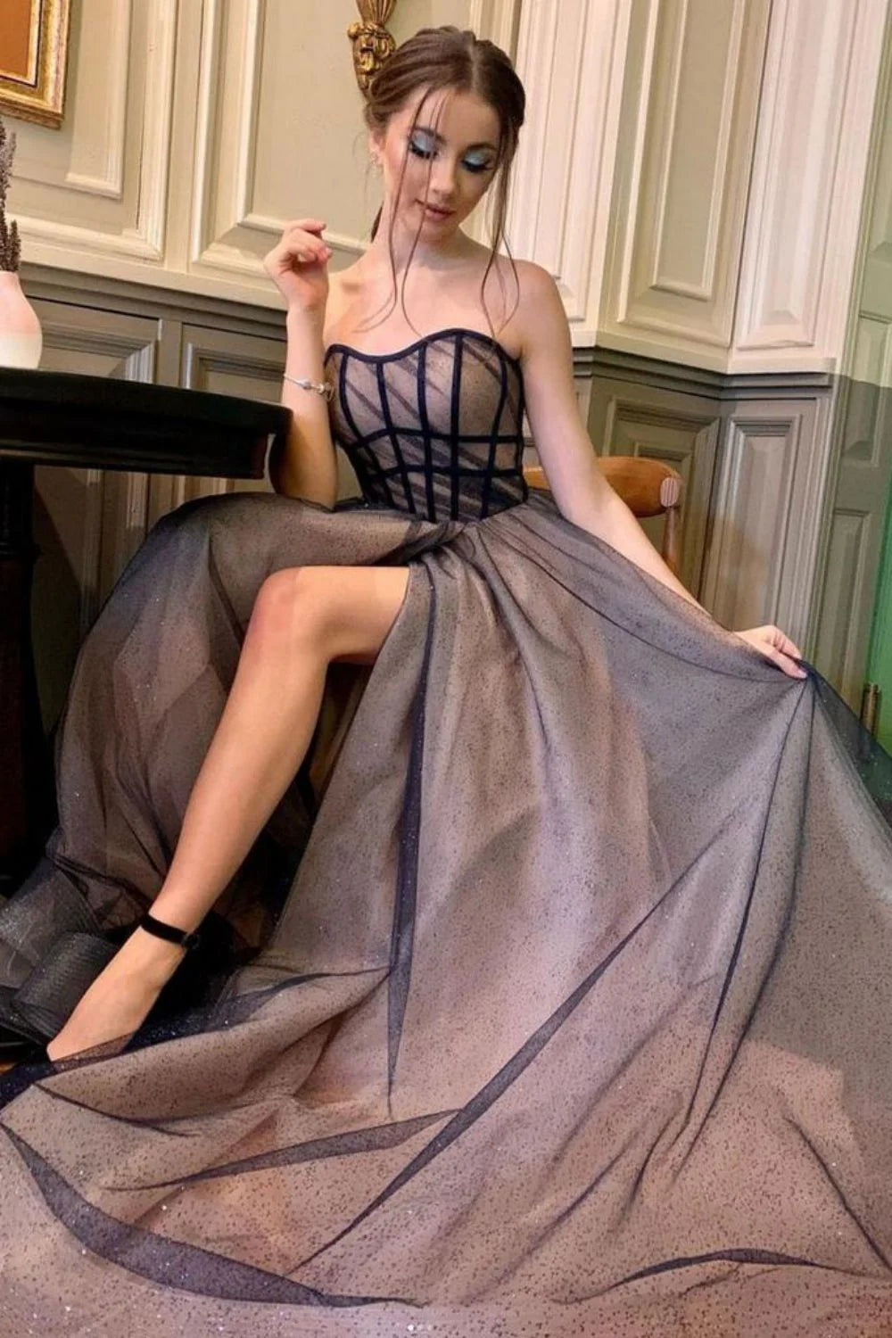 Chic A Line Sweetheart Pink Grey Prom Dress Party Dress With Slit