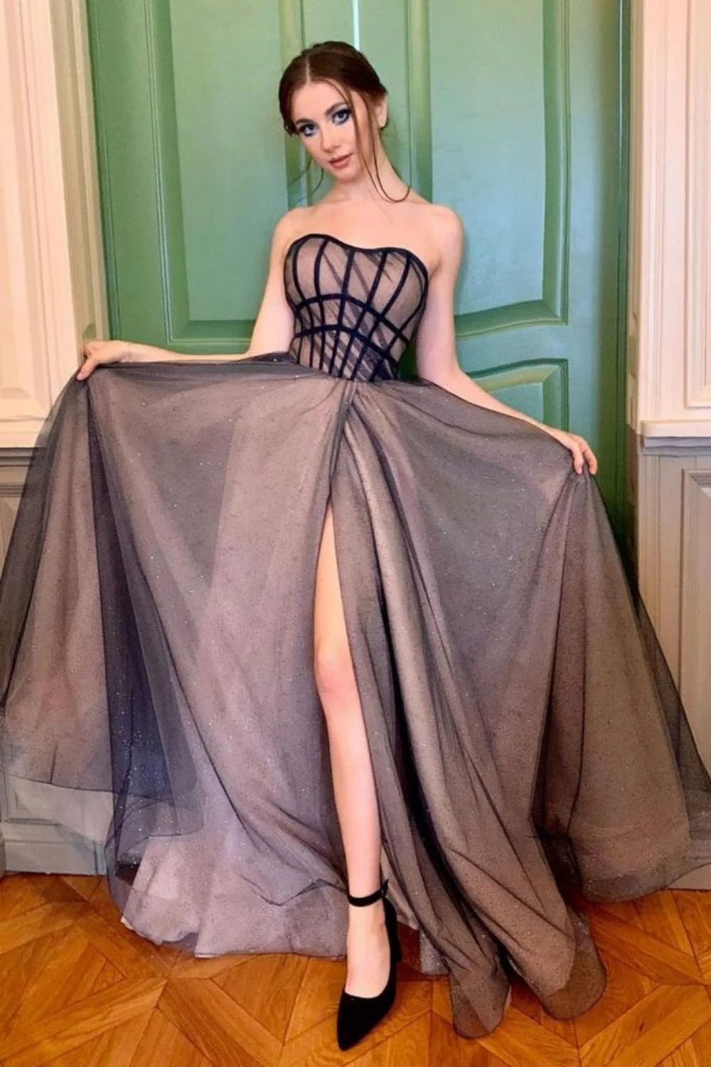 Chic A Line Sweetheart Pink Grey Prom Dress Party Dress With Slit