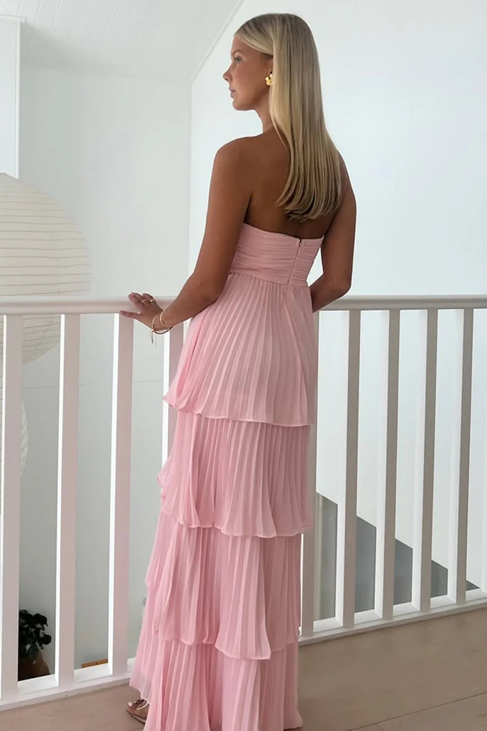 Chic A Line Sweetheart Pleated Ruffles Tiered Pink Long Prom Dress