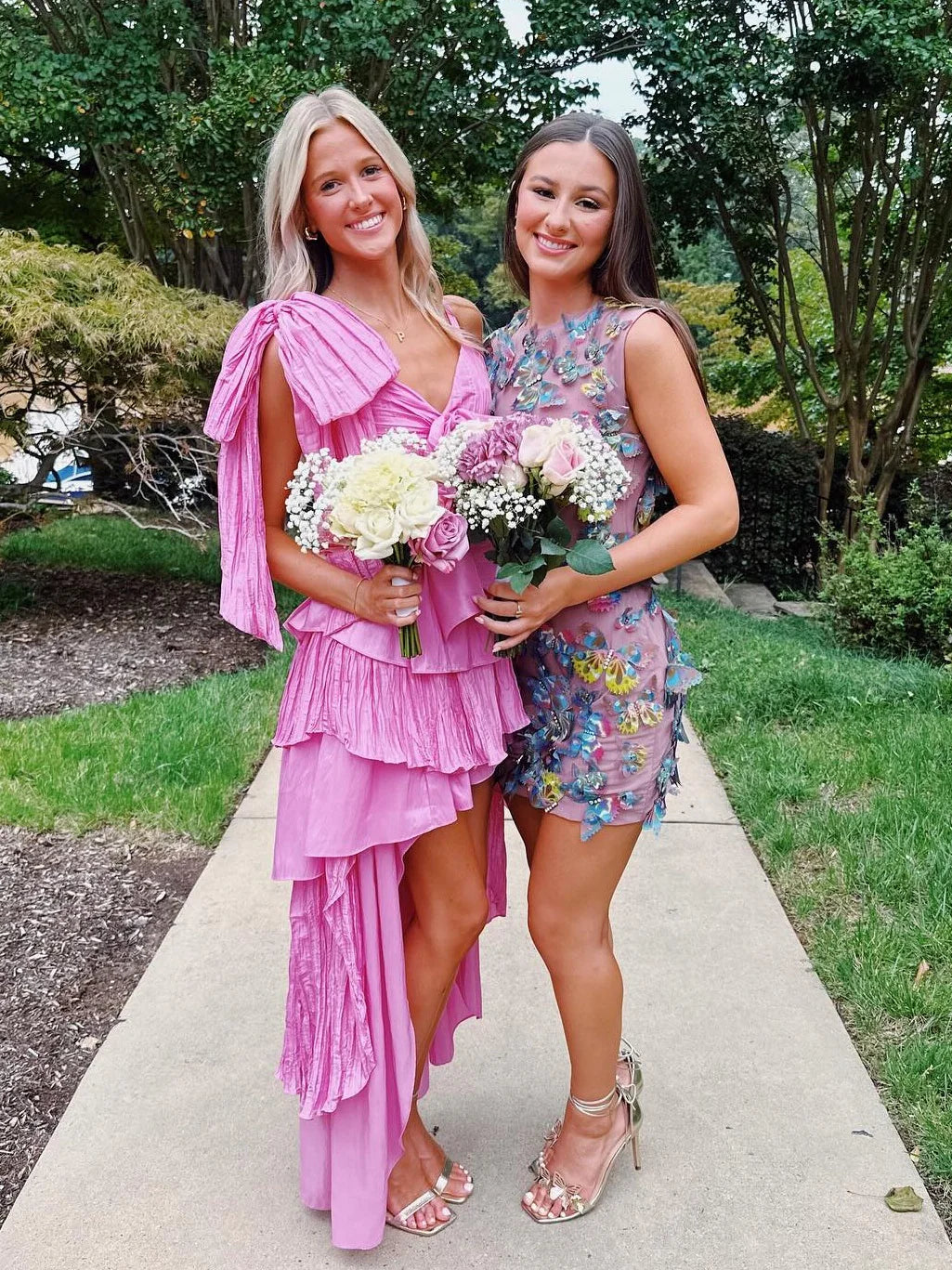 Chic A Line V Neck Ruffle Tiered High Low Pink Homecoming Dress With Bow