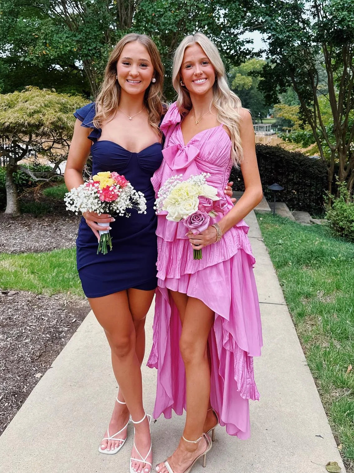 Chic A Line V Neck Ruffle Tiered High Low Pink Homecoming Dress With Bow