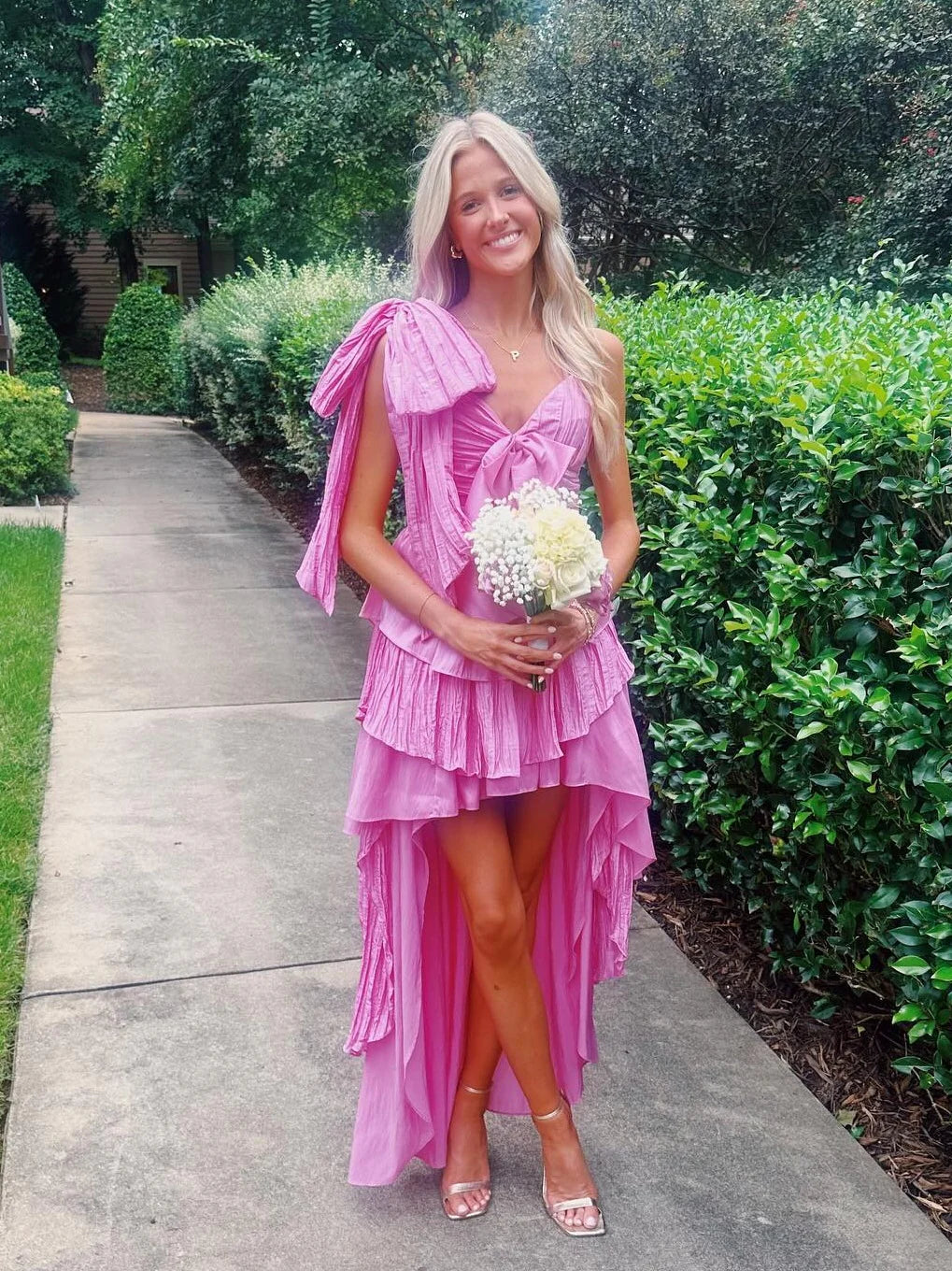 Chic A Line V Neck Ruffle Tiered High Low Pink Homecoming Dress With Bow