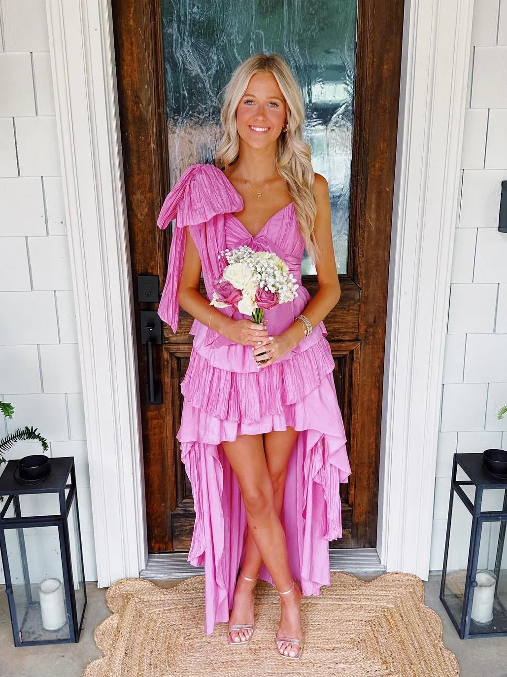 Chic A Line V Neck Ruffle Tiered High Low Pink Homecoming Dress With Bow