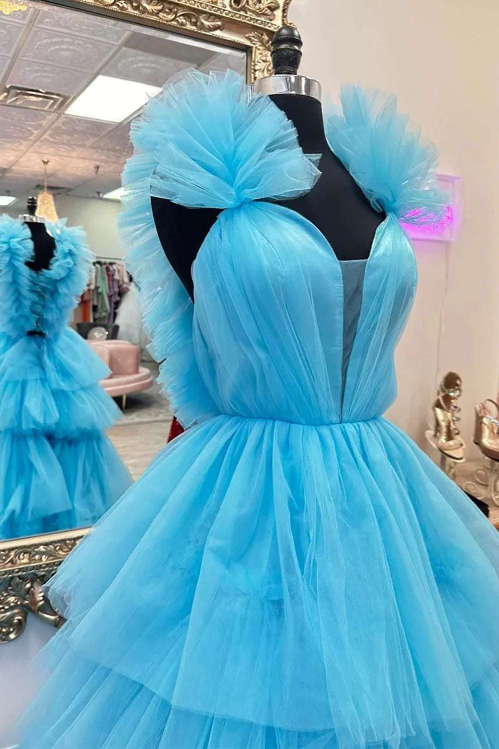 Chic A Line V Neck Ruffles Tiered Blue Floor Length Prom Dress