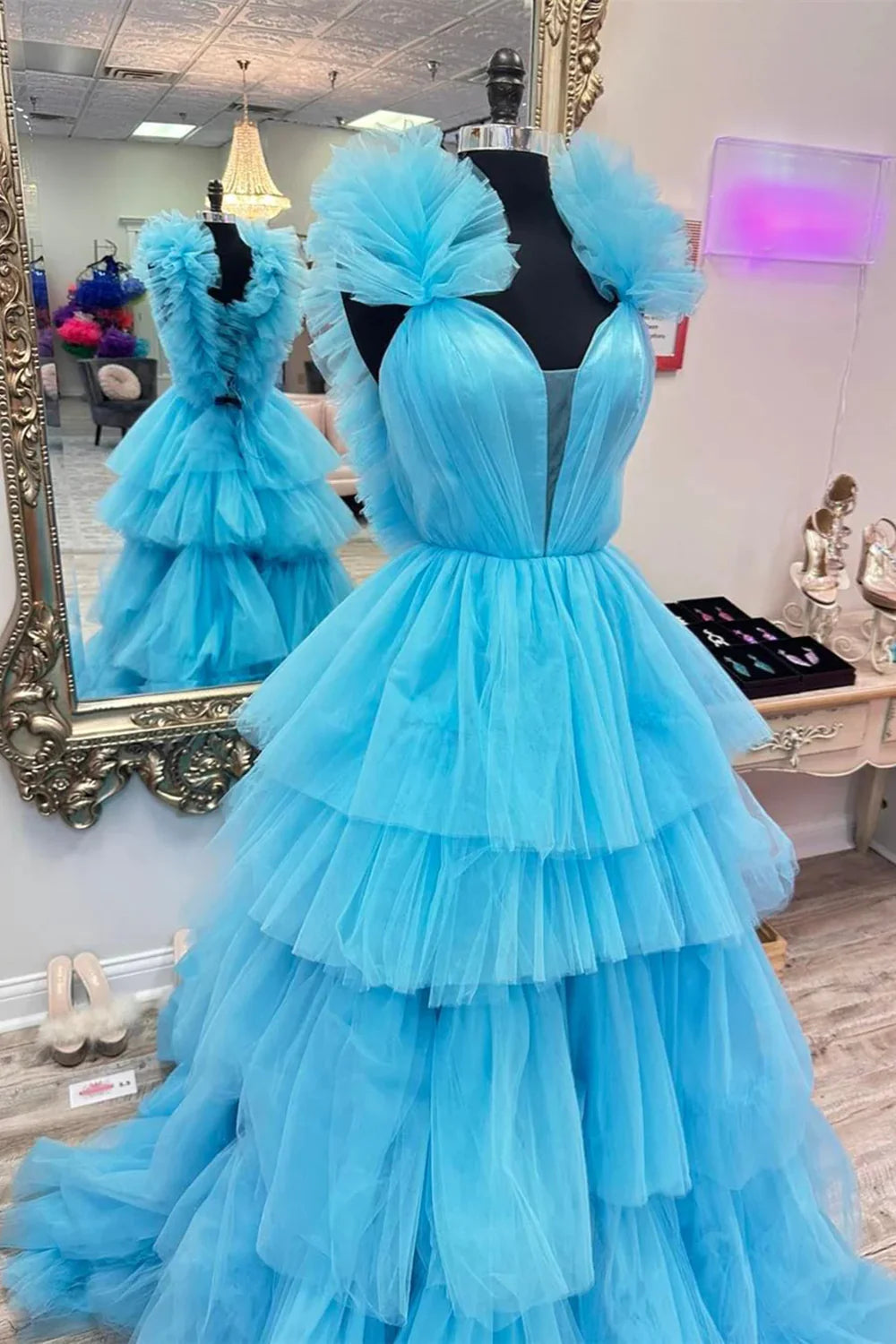 Chic A Line V Neck Ruffles Tiered Blue Floor Length Prom Dress
