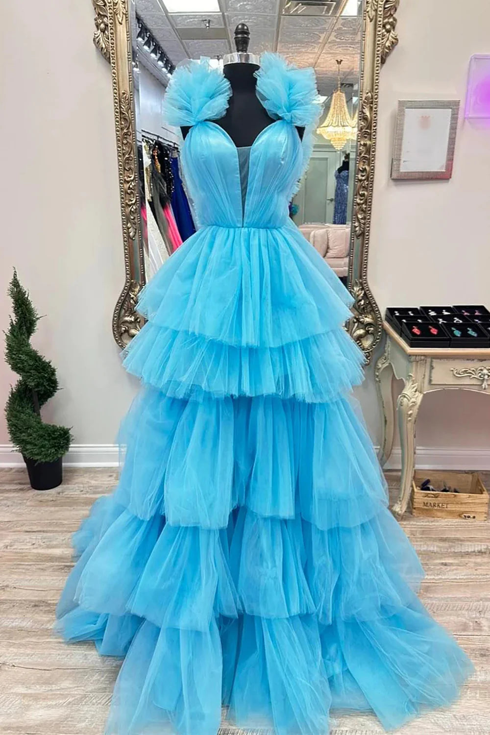 Chic A Line V Neck Ruffles Tiered Blue Floor Length Prom Dress