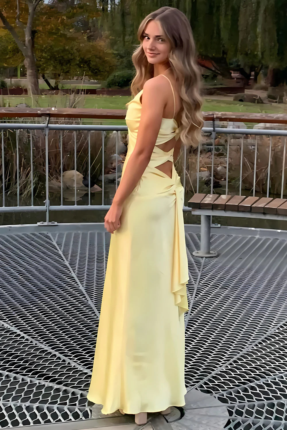 Chic A Line V Neck Spaghetti Straps Split Front Yellow Long Prom Dress