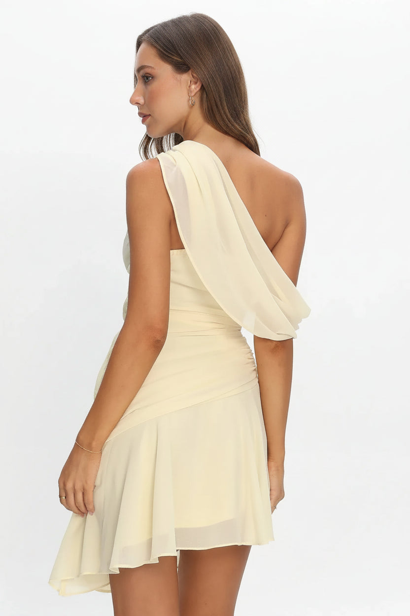 Chic Asymmetrical One-Shoulder Ruched Ruffle Cream Short Homecoming Dress