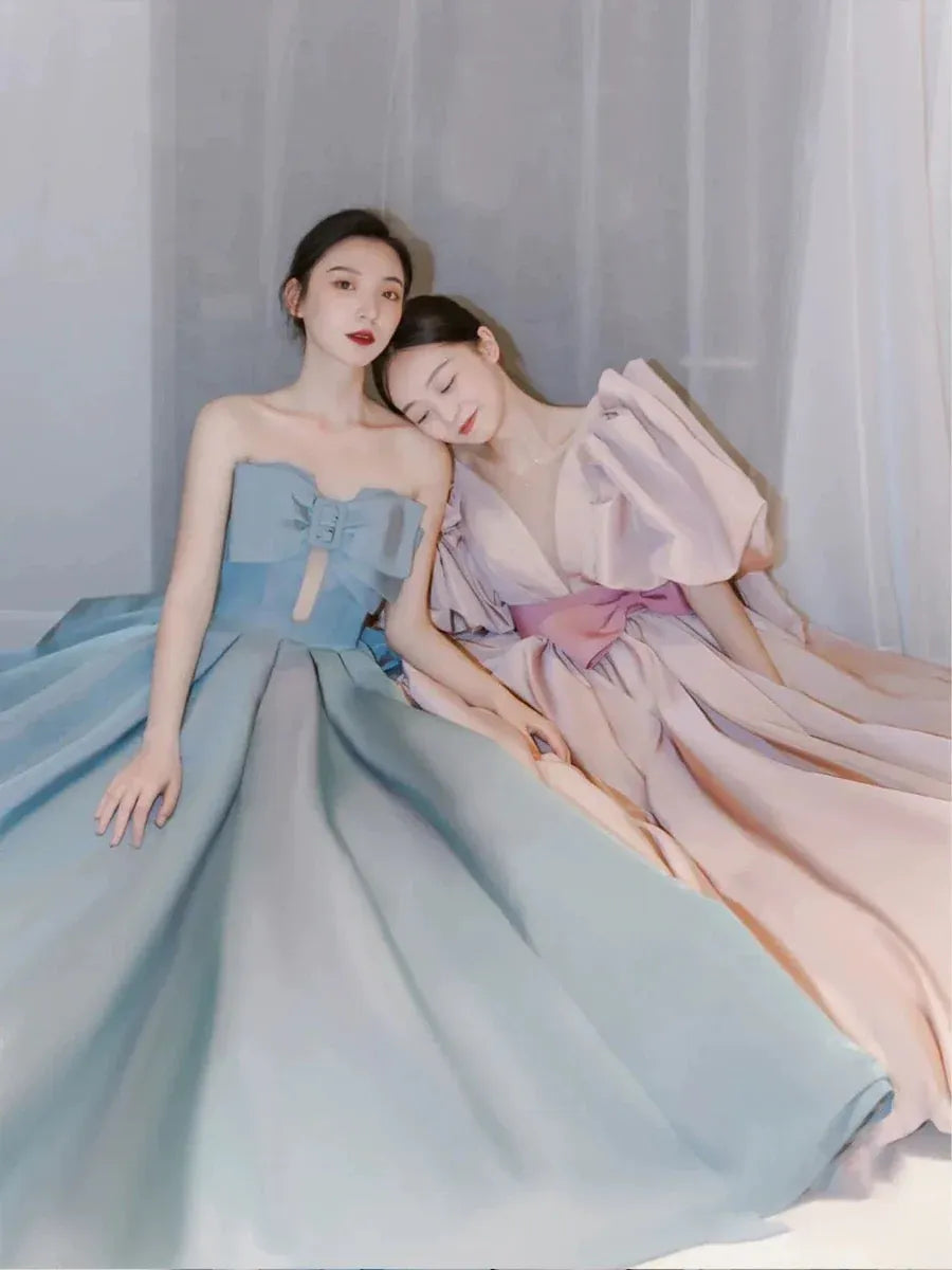 Chic Ballgown Strapless Bow-Accent Sky Blue Long Prom Dress for Women Ready to Ship