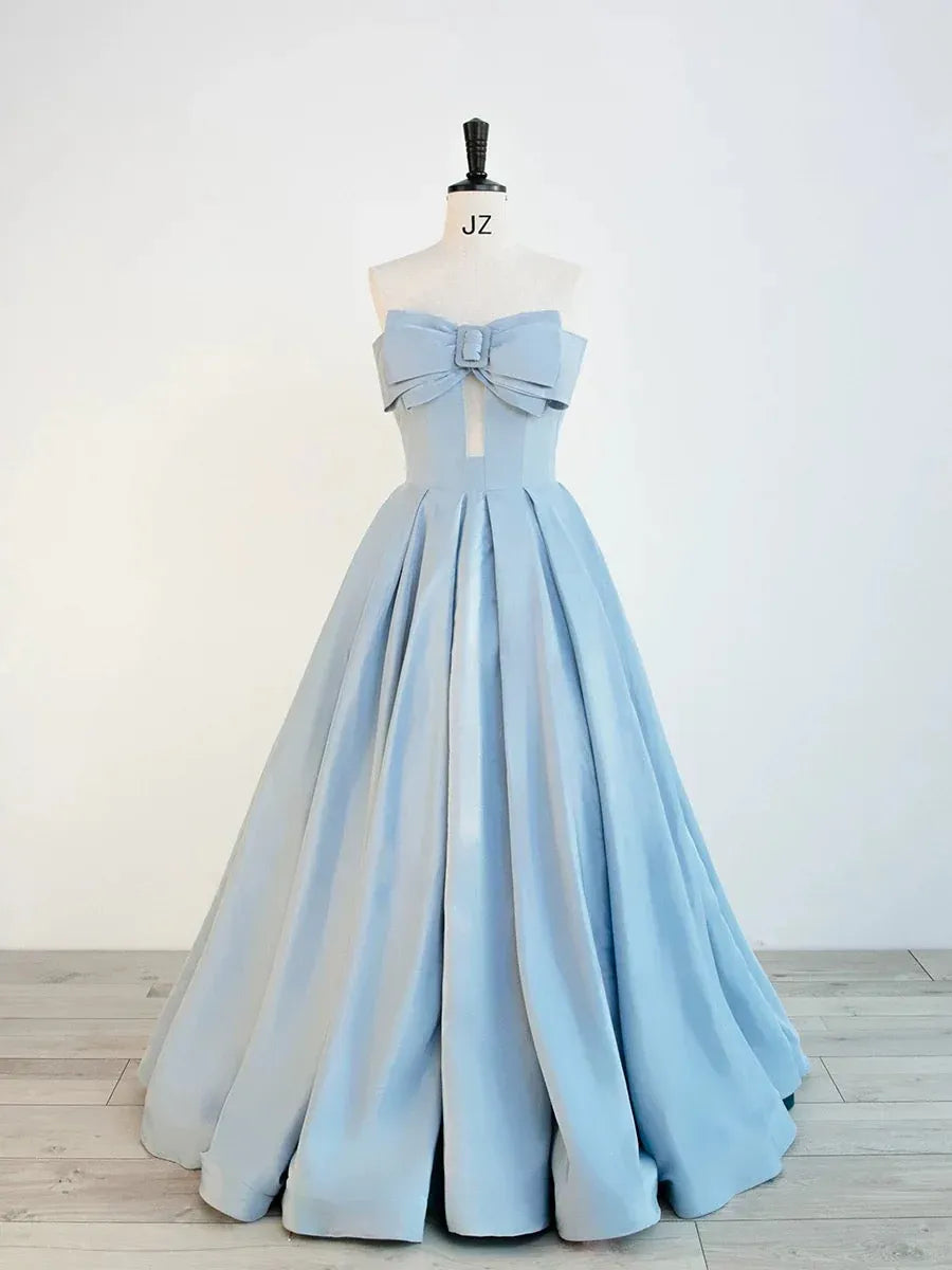 Chic Ballgown Strapless Bow-Accent Sky Blue Long Prom Dress for Women Ready to Ship