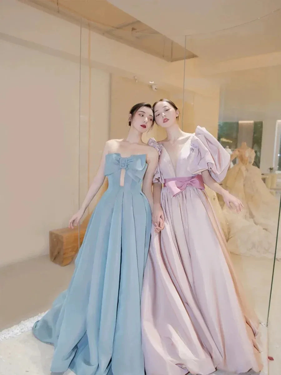 Chic Ballgown Strapless Bow-Accent Sky Blue Long Prom Dress for Women Ready to Ship