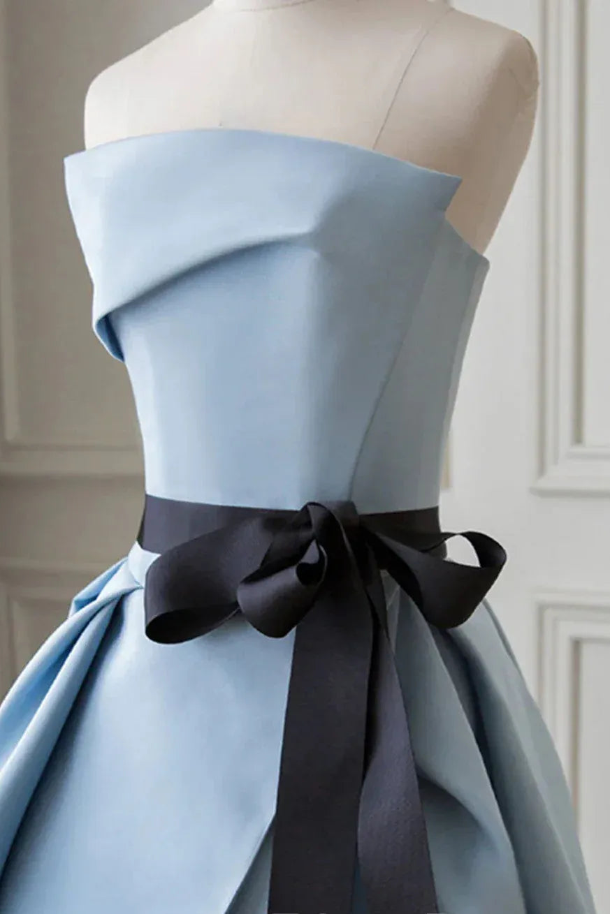 Chic Ballgown Strapless Sleeveless Bow Light Blue Maxi Prom Dress for Women For Sale