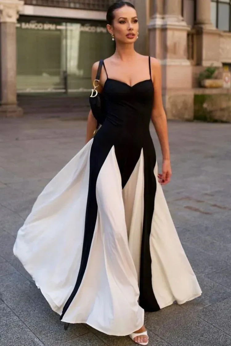 Chic Ballgown Sweetheart Sleeveless Contrast-Trim Black-White Floor-Length Prom Dress for Women