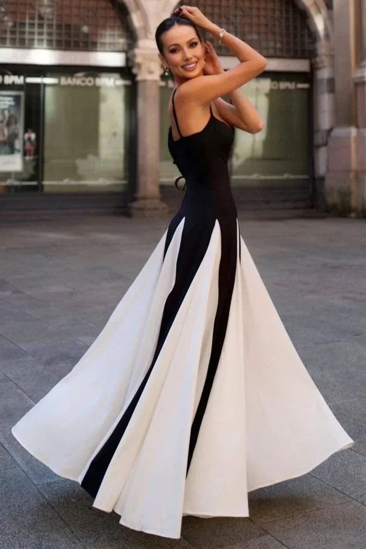 Chic Ballgown Sweetheart Sleeveless Contrast-Trim Black-White Floor-Length Prom Dress for Women