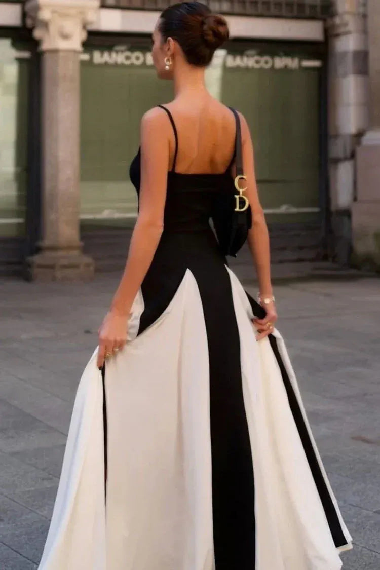 Chic Ballgown Sweetheart Sleeveless Contrast-Trim Black-White Floor-Length Prom Dress for Women