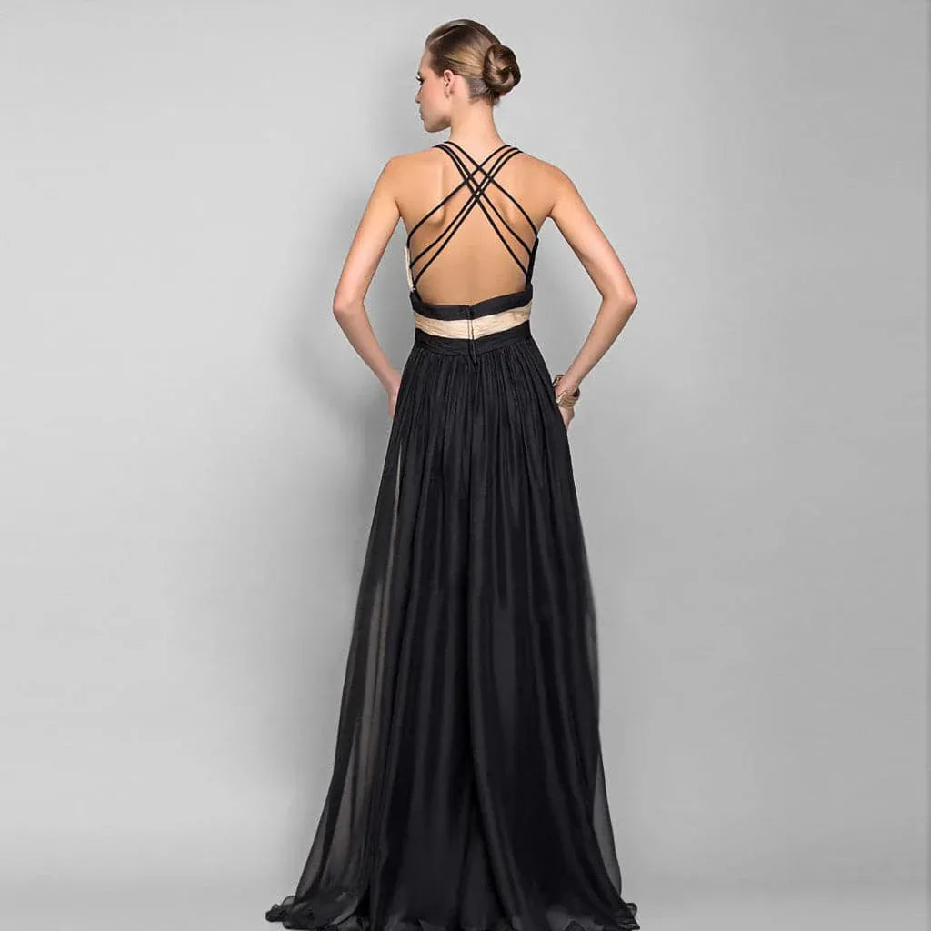 Chic Chiffon Long Evening Dress Black-Beige V-Neck Crisscross-Back for Women