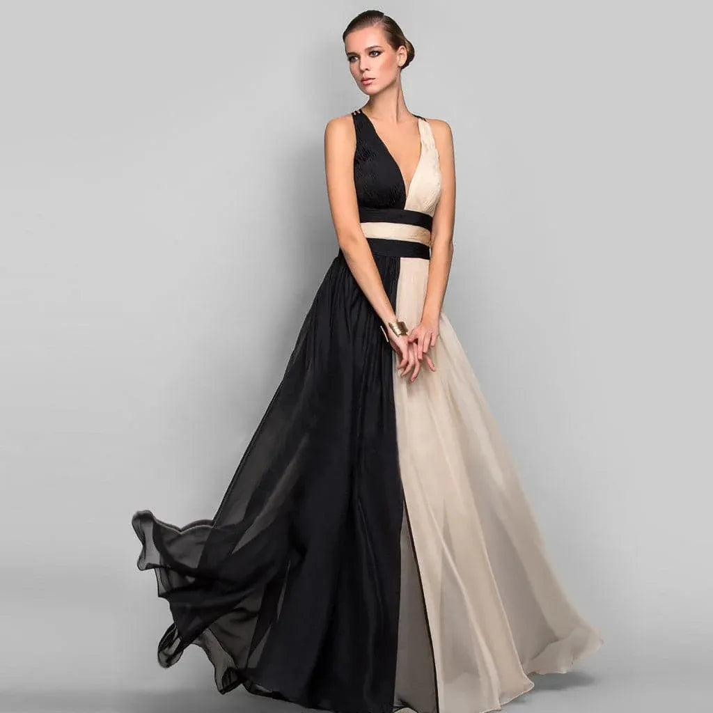Chic Chiffon Long Evening Dress Black-Beige V-Neck Crisscross-Back for Women