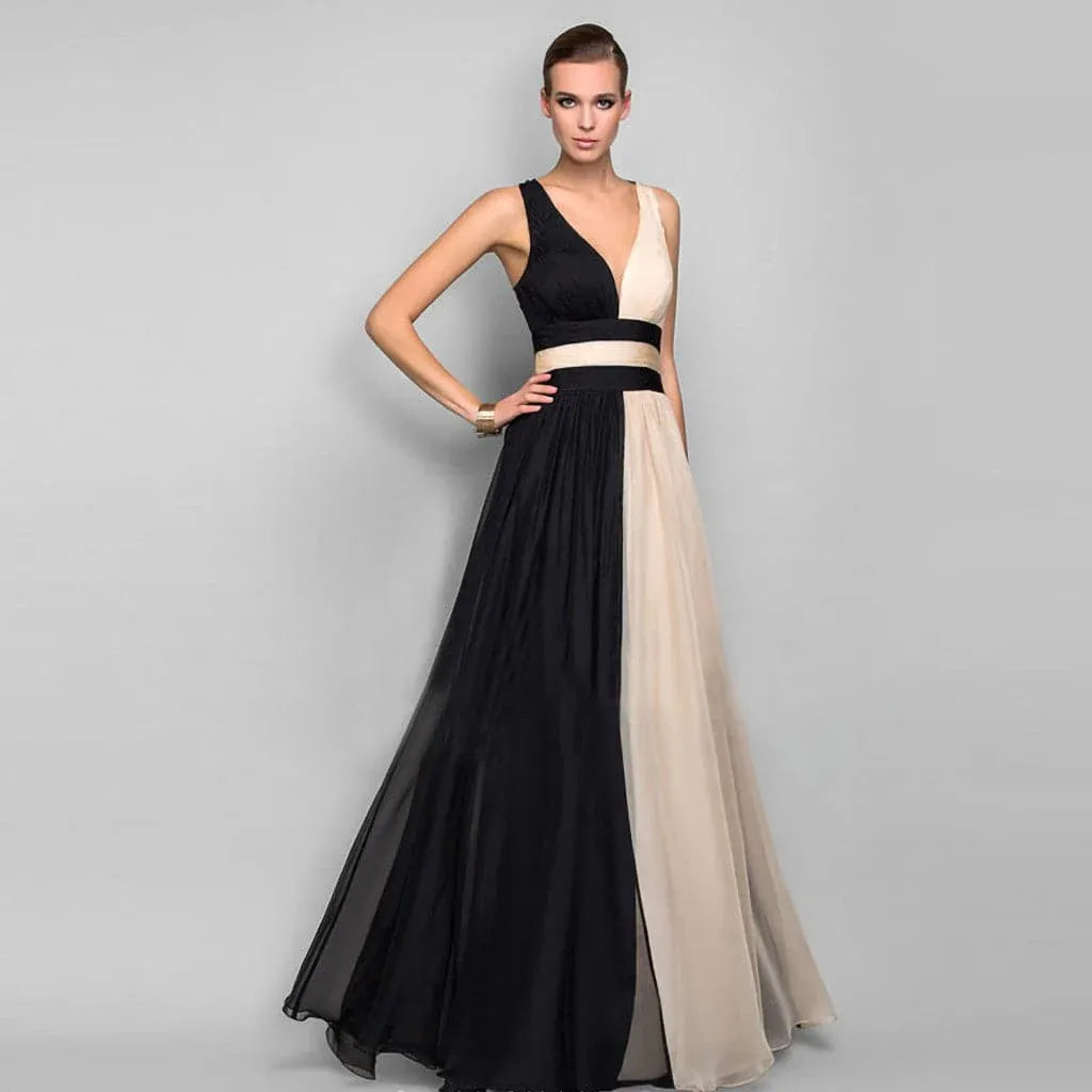 Chic Chiffon Long Evening Dress Black-Beige V-Neck Crisscross-Back for Women
