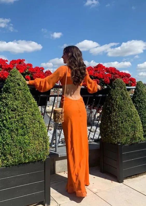 Chic Chiffon Long Evening Dress Orange V-Neck Cutout Long-Sleeve for Women