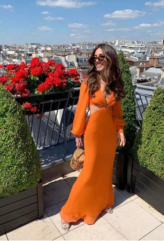 Chic Chiffon Long Evening Dress Orange V-Neck Cutout Long-Sleeve for Women