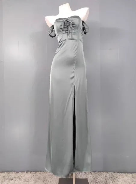 Chic Column Sweetheart-Neck Off-the-Shoulder Tie-Accented Sage-Grey Maxi Prom Dress for Women ready to ship