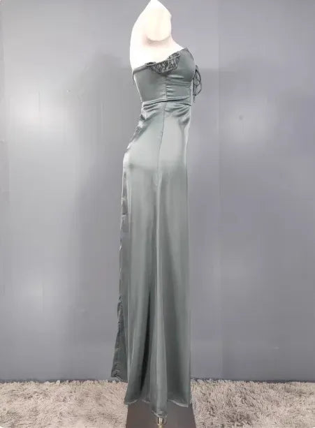 Chic Column Sweetheart-Neck Off-the-Shoulder Tie-Accented Sage-Grey Maxi Prom Dress for Women ready to ship