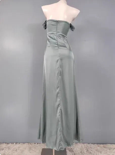 Chic Column Sweetheart-Neck Off-the-Shoulder Tie-Accented Sage-Grey Maxi Prom Dress for Women ready to ship