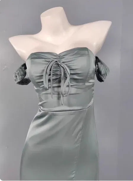 Chic Column Sweetheart-Neck Off-the-Shoulder Tie-Accented Sage-Grey Maxi Prom Dress for Women ready to ship