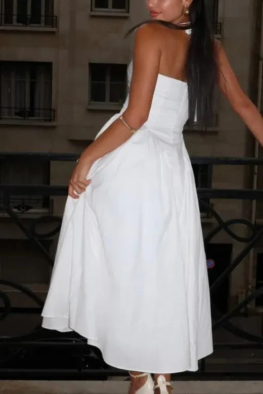 Chic Cotton-Blend Maxi Evening Dress White Halter Sleeveless for Women