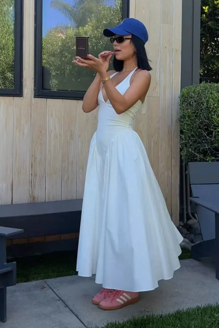 Chic Cotton-Blend Maxi Evening Dress White Halter Sleeveless for Women