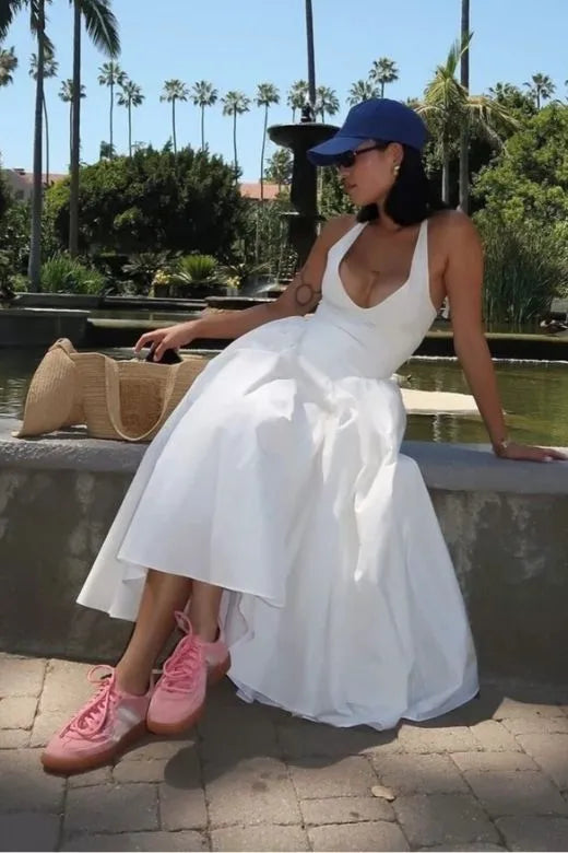 Chic Cotton-Blend Maxi Evening Dress White Halter Sleeveless for Women