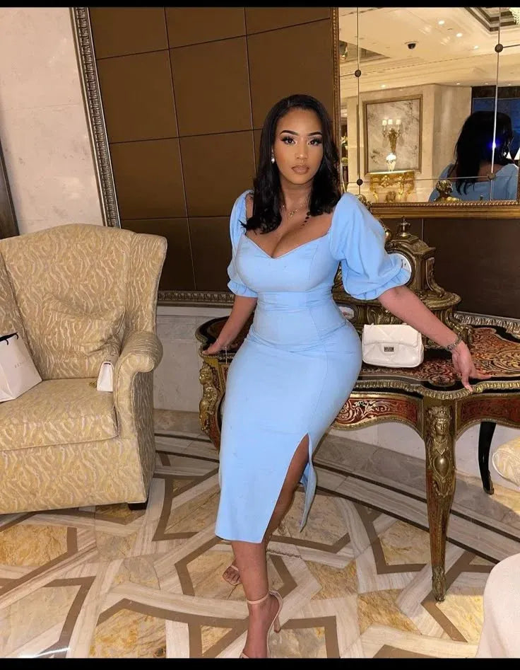 Chic Crepe Midi Evening Dress Light Blue Sweetheart Puff Sleeves for Women