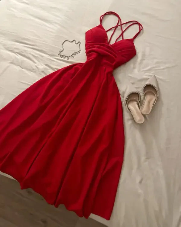 Chic Crepe Midi Evening Dress Red Sweetheart Neck Crisscross Sleeve for Women