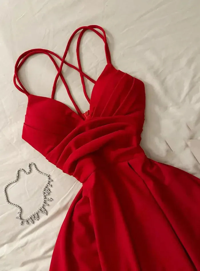 Chic Crepe Midi Evening Dress Red Sweetheart Neck Crisscross Sleeve for Women