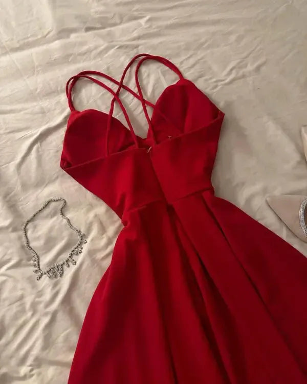 Chic Crepe Midi Evening Dress Red Sweetheart Neck Crisscross Sleeve for Women