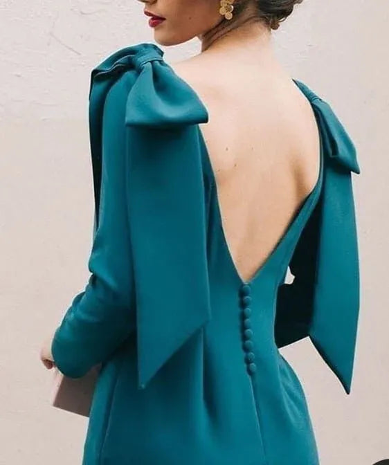 Chic Crepe Midi Evening Dress Teal Round-Neck Bow-Sleeve for Women