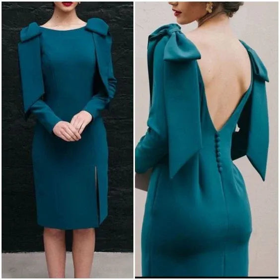 Chic Crepe Midi Evening Dress Teal Round-Neck Bow-Sleeve for Women