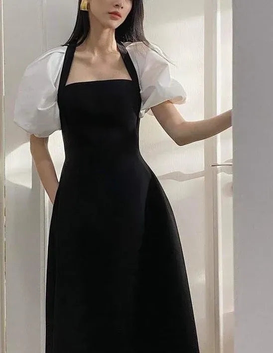 Chic Fit-Flare Square-Neck Puff-Sleeve Contrast-Shoulder Structured Fabric Black Midi Evening Dress for Women