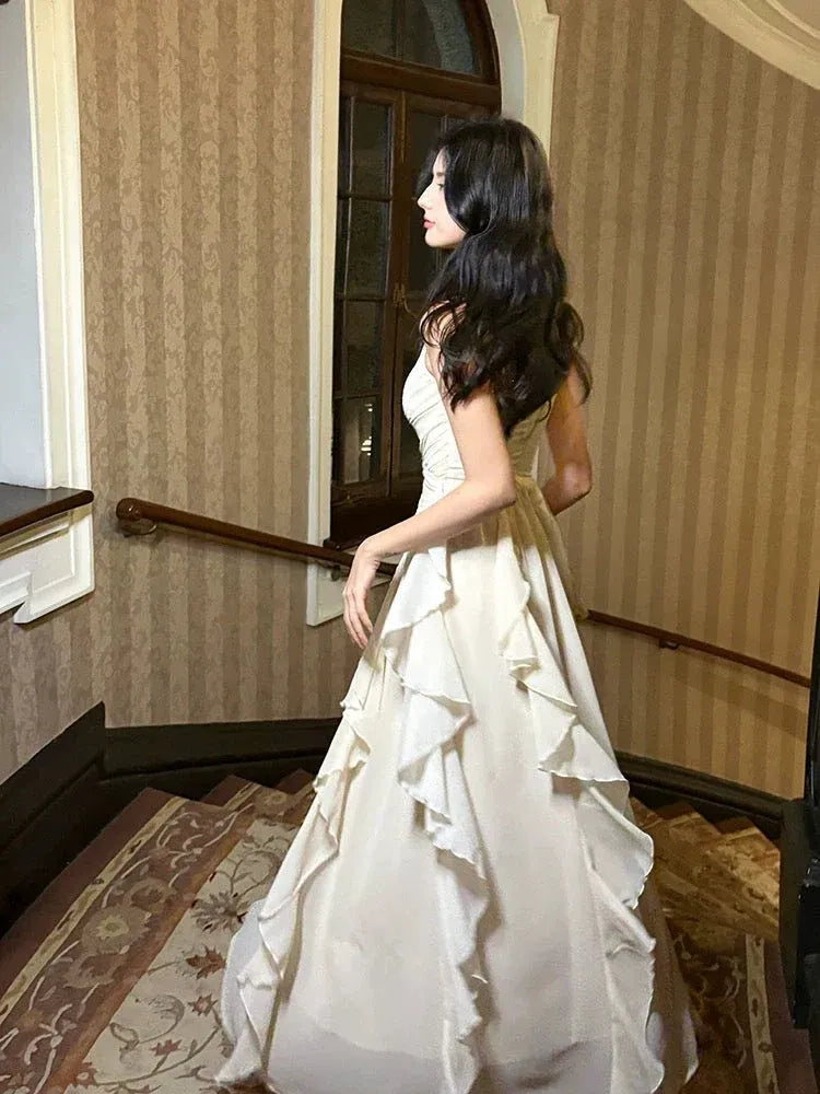 Chic Fitted V-Neck Sleeveless Ruffled Cream Midi Prom Dress for Women Ready to Ship