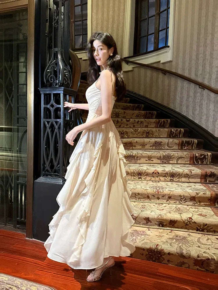 Chic Fitted V-Neck Sleeveless Ruffled Cream Midi Prom Dress for Women Ready to Ship