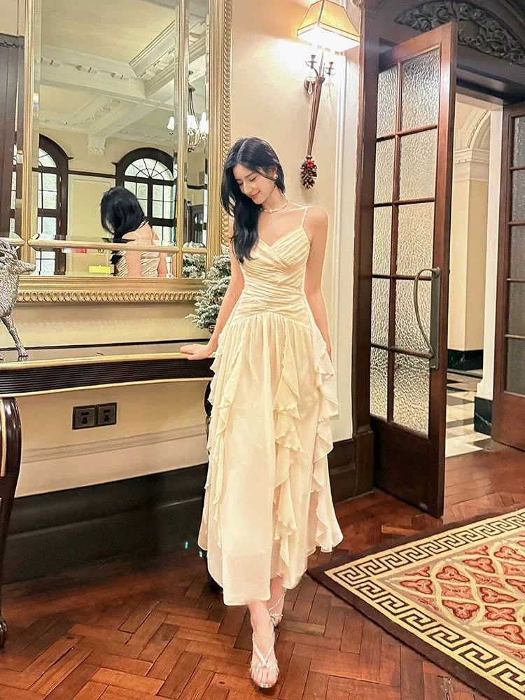 Chic Fitted V-Neck Sleeveless Ruffled Cream Midi Prom Dress for Women Ready to Ship
