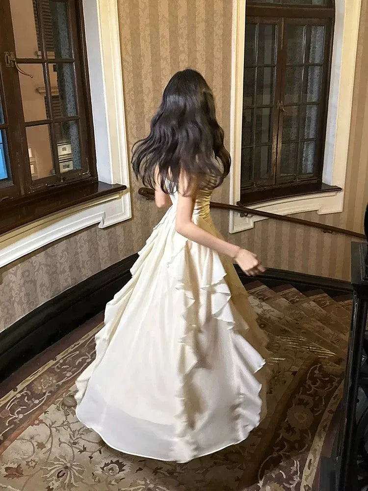 Chic Fitted V-Neck Sleeveless Ruffled Cream Midi Prom Dress for Women Ready to Ship