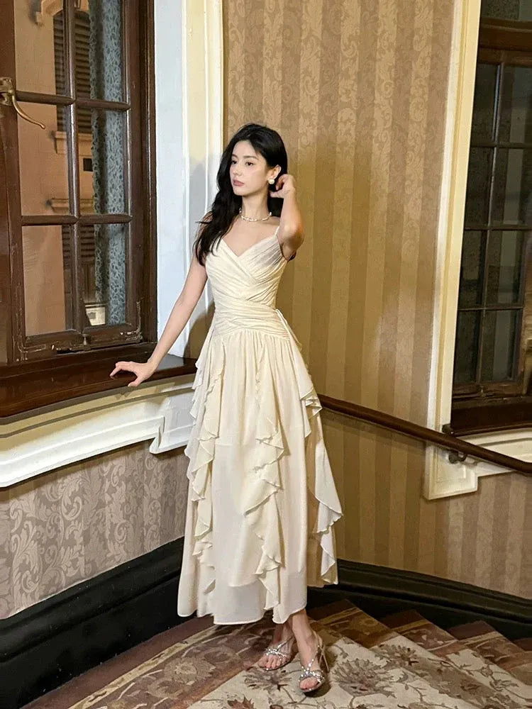 Chic Fitted V-Neck Sleeveless Ruffled Cream Midi Prom Dress for Women Ready to Ship