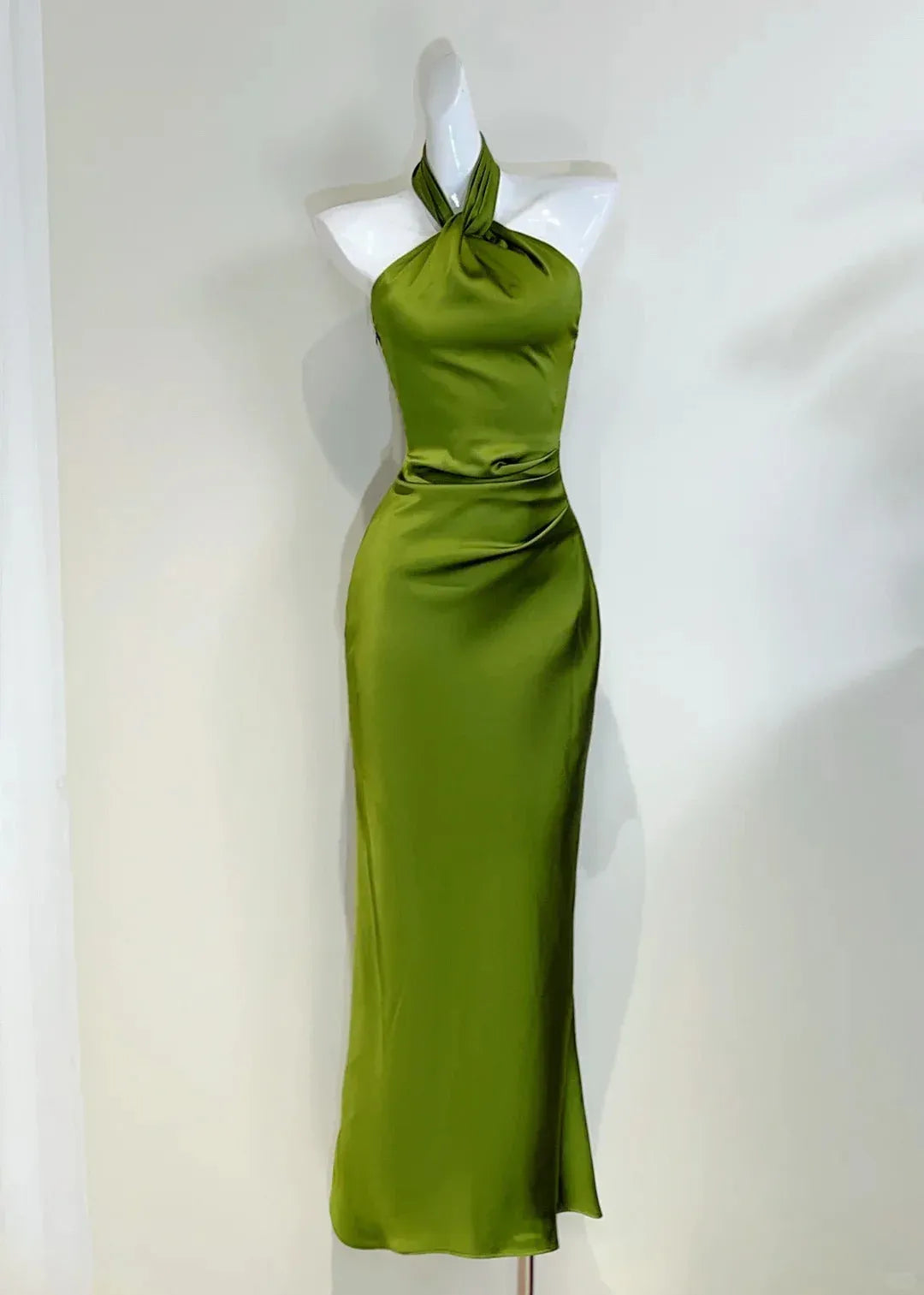 Chic Halter-Neck Sleeveless Ruched Olive-Green Midi Prom Dress for Women ready to ship