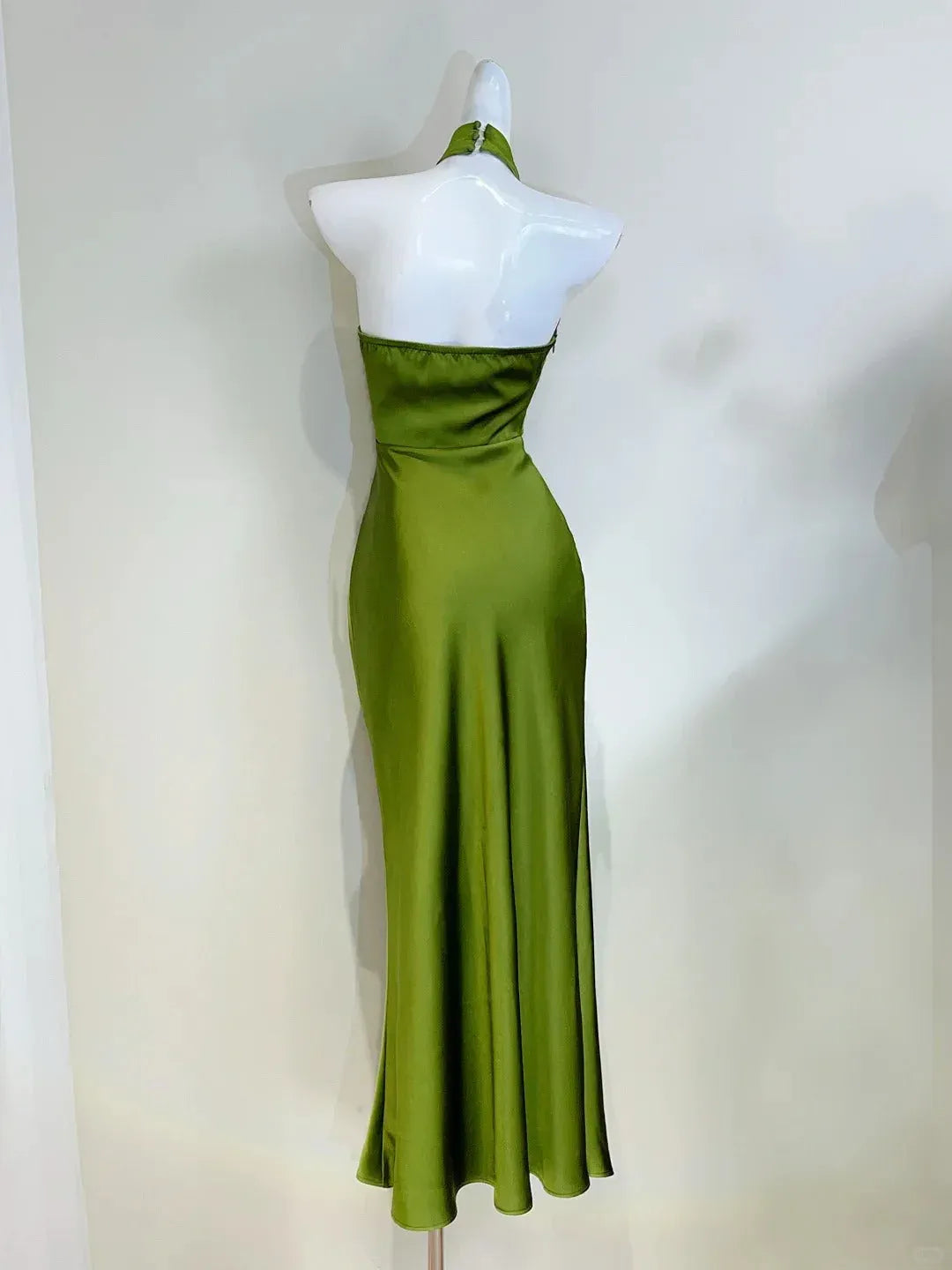 Chic Halter-Neck Sleeveless Ruched Olive-Green Midi Prom Dress for Women ready to ship